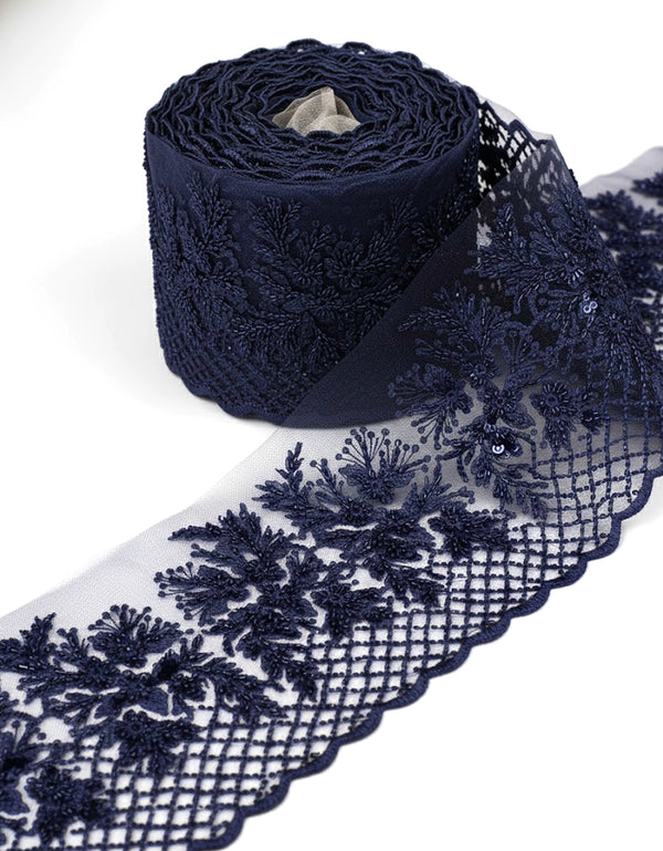 Aurora Blossom Beaded Border Lace - (Navy Blue)